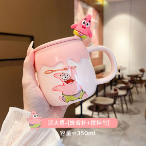 SpongeBob Ceramic Mug with Lid Spoon Cute Girl Milk Coffee Cup Home Use Children Water Cup Cartoon Pattern Enamelware Vessel