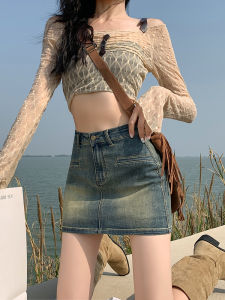 Retro High Waist Denim Mini Skirt Womens Fashion Summer 2023 A-Line Bodycon Short Skirts Prevent Exposure Cotton Blend