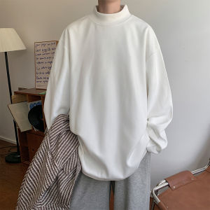 K-style Loose Autumn and Winter Double-Sided Dralon Half Turtleneck Bottoming Shirt Men Ins Trendy Inner Wear White Long Sleeve T-shirt