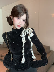 plus Size Womens Retro Polka Dot Bow Tie Velvet Pleated Slimming Shirt Korean Style Long Sleeve High Collar Commute Fashion