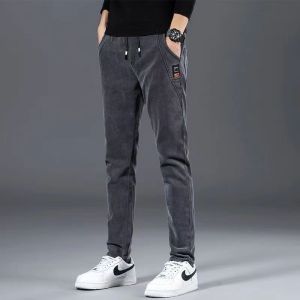 Thickened Fleece Denim Pants Mens Loose Straight Work Trousers Winter Wear Resistant Youth Long Pants mid Waist Drawstring