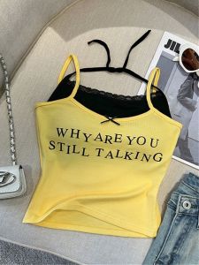 Shu Wan Daiเสื้อกันหนาวผู้หญิงสไตล์ไทยพร้อมเสื้อกั๊กสายรัดหน้าอกสีเหลือง 2024 แฟชั่นฤดูร้อนใหม่Backless Faux 2 ชิ้น