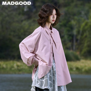 Madgood Oversized Shirt Street Style Polyester Fiber Detachable Point Collar Worksite Fashion Spring Autumn Anti-Wrinkle Long Sleeve