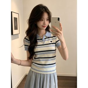 PEIXI | Dopamine-inspired Blue Stripe Polo Collar Short Sleeve T-shirt