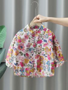 Stylish Long Sleeve Shirt for Boys Baby Retro Chinese Style Spring Autumn Floral Print Cotton Korean Collar Toddler Kids Clothes