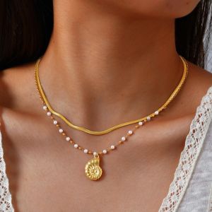 Kemstone Stainless Steel Double Layer Conch Necklace 18K Gold Tone Summer Beach Vacation Jewelry Gift for Women