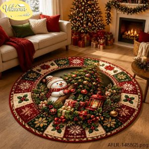 VIKAMA Christmas Round Rug Snowman Tree Gifts Wreath Star Area Rug Living Room Holiday Home Decor Aesthetic Art Large Premium