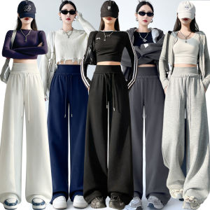 High Waist Fleece Lined Grey Wide Leg Sports Sweatpants Womens Loose Casual Straight Floor Length Trousers Autumn Winter New Style