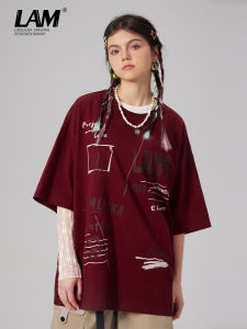 เสื้อยืดคู่รักแขนสั้นคอตุ้มสไตล์ย้อนยุคแบบอเมริกัน Lamliska ทรงหลวมๆ สีแดงสด สวมใส่สบาย สำหรับผู้ชายและผู้หญิง