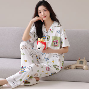 Miiow | Pure Cotton Cat Woman Sleepwear Short Sleeve Long Pants Two-Piece Set Outdoor Wearable Open Cardigan Home Clothes High-End Set