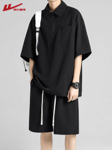 Warrior Polo Shirt Suit Men Summer Thin Ice Silk Quick-Drying Half Sleeve T-Shirt Summer Short-Sleeved Shirt and Shorts Two-piece Set