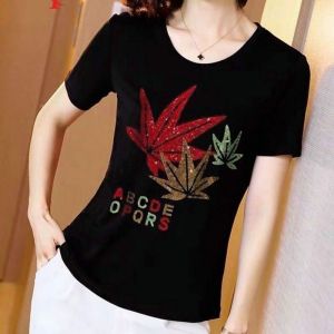 Summer White and Black Glitter Slim Fit Round Neck Cotton T-Shirt