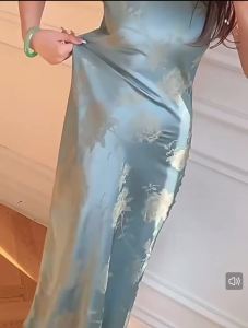 Q90 Blue Cheongsam High-End New Chinese Style Dress Traditional