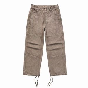 GTRG Trendy American Workwear Pants Straight Leg Zipper Weathered Mens Drawstring Casual Trousers Breathable Cotton Youthful