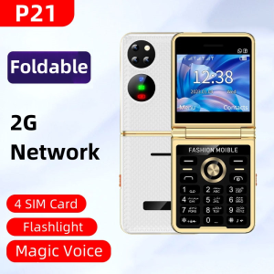 ใหม่ P21 พลิกโทรศัพท์มือถือ 2.4 นิ้ว HD หน้าจอ 4 ซิมการ์ดวิทยุ FM ไฟฉาย Magic Voice Blacklist เครือข่าย 2G แบบพับได้คุณลักษณะโทรศัพท์