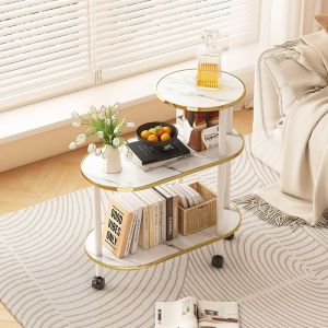Minimalist Sofa Side Table Mobile Tea Table Small Desk Living Room Corner Table Storage Shelf Marble Finish Wooden Craft
