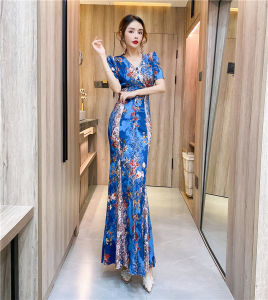 Summer New Style V-Neck Floral Print Slimming Wrap Dress Korean High Waist Long Sleeve H-Shape Luxury Goddess Style Dress