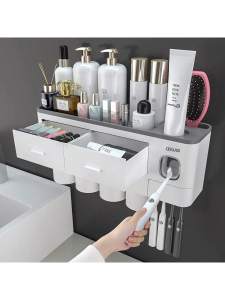 Toothbrush Holder Wall Mounted No-Drill – 2-in-1 Bathroom Organizer with Toothpaste Squeezer & Storage Rack