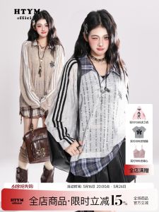 เสื้อยืดแขนยาวผู้หญิง ทรงหลวม สไตล์ฤดูใบไม้ผลิ ลายสก็อต คอกลม เสื้อเชิ้ตคลุมลำลอง ผ้าฝ้ายผสมโพลีเอสเตอร์