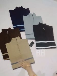 RH - Sweater Baju Rajut pria resleting zipper kerah tinggi turtleneck motif garis setrip belang kecil tangan panjang knitwear terbaru