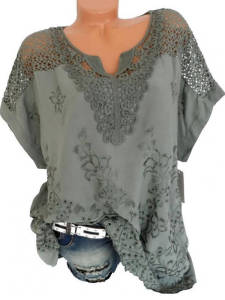 Womens Hollow out T-shirt Pullover Street Style Slim Fit Short Sleeve round Neck Short Length Solid Color Summer Shirt