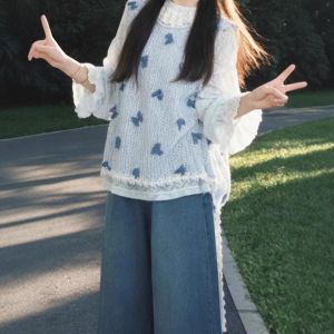 XUECAIQI | Spring Layered Set Women Bow Lace Tank Top Shirt Jeans