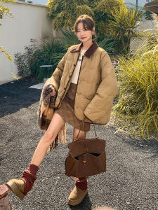 Áo Khoác Cotton Dày Màu Kaki Cho Nữ Mùa Đông 2025 Phong Cách Hàn Quốc Rộng Rãi Cỡ Nhỏ Áo Khoác Cotton Dài Tay Cổ Vuông