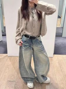 กางเกงยีนส์ขากว้างเอวสูงทรงหลวมสำหรับผู้หญิงไซส์ใหญ่ ฤดูใบไม้ผลิและฤดูใบไม้ร่วง กางเกงขายาวทรงตรงทรงเข้ารูป ทรงหลวม ทรงเข้ารูป