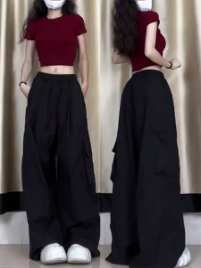 กางเกงทำงานลำลองสไตล์อเมริกัน กางเกงขายาวทรงตรงหลวมๆ สำหรับผู้หญิง กางเกงขายาวฮิปฮอปสตรีทสไตล์เกาหลี ฤดูใบไม้ผลิและฤดูร้อน