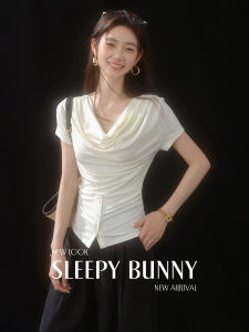 Slimming Breathable T-Shirt with Draped Collar and Button Design