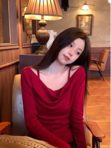 มีสไตล์ สลิมฟิต เซ็กซี่ เสื้อฐานเปลือกไหล่ ผู้หญิง ฤดูใบไม้ผลิ ฤดูใบไม้ร่วง สินค้ามาใหม่ สวยคอแกว่งแขนยาว เสื้อผ้าถัก