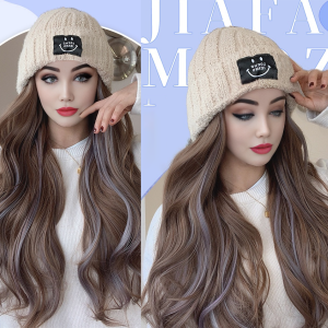 Synthetic 18 inch knitted hat with long curly hair hat wig wavy wig winter wig beige/blue/coffee knitted hat Christmas outfit