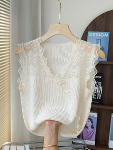 Ice Silk Strap Vest Womens Loose Knitted Base Shirt White Lace New Chinese Style Top Underwear Commute Style Pure Color