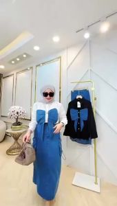 Ribon Set Jeans (Atasan+Rok) - Setelan Wanita Terbaru 2024 - Kemeja Busui Motif Pita Bahan Katun Toyobo Mix Rok Jeans - One Set Korean Style Import Remaja Dewasa