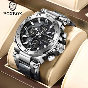 FOXBOX กีฬาทหารนาฬิกาผู้ชายกันน้ํา Dual Display นาฬิกาข้อมือควอตซ์สําหรับชายนาฬิกานาฬิกาจับเวลา Relogios Masculino + กล่อง