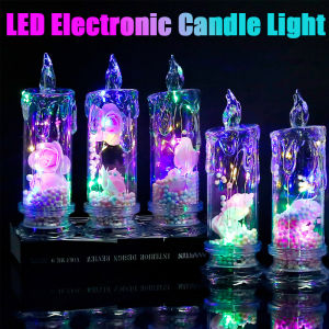 เทียนไฟฟ้า LED รูปดอกกุหลาบหลากสีบรรยากาศแบบไร้เปลวไฟโปร่งใสไฟกลางคืนงานเลี้ยงวันเกิดไฟตกแต่งวันวาเลนไทน์สำหรับสารภาพโรแมนติก