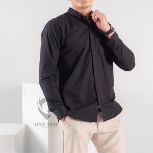 Baju Kemeja Polos Lengan Panjang Pria Bahan Formal Katun Sigaret Kasual Gaya Slimfit Lembut Kerah V-Neck