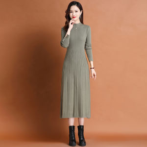 ชุดเดรสยาวแขนยาวสีแดง เสื้อผ้าผู้หญิงฤดูใบไม้ร่วง/ฤดูหนาว กระโปรงนิตติ้ง ชุดชั้นใน เสื้อสเวตเตอร์ ผ้าขนสัตว์