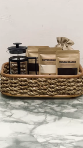 Coffee Gift Basket Set - French Press Coffee Muscovado Sugar Creamer Burlap Bag & Tray