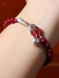 Pure Silver Lucky Peach Bracelet Vintage Chinese Trend Lightweight Luxury Design for Women Men Birth Year Gift Cinnabar String
