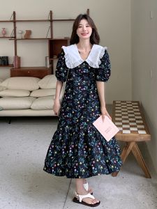 Fashionable Floral Print A-Line Dress Short Sleeve Doll Collar Splice Design Summer New Style Womens Dress Casual Leisure