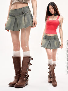 กระโปรงยีนส์ทรงเอเอวสูงสำหรับผู้หญิง ฤดูร้อน 2025 กระโปรงสั้นทรงเข้ารูปหวาน เทรนด์ใหม่ กระโปรงจีบสไตล์ย้อนยุค