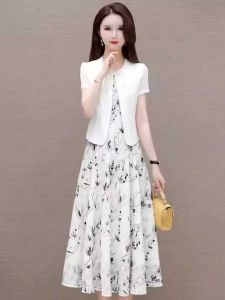 New 2025 Summer Womens Chinese Style Floral Print Chiffon Midi Dress Set Two-Piece Korean Fashion Commute A-Line Skirt