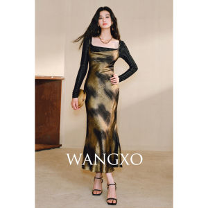 WANGXO | Áo Thun Cổ U Bóng Bẩy & Đầm Dây Cổ Xòe Sang Trọng