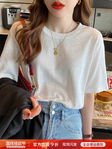 Áo Thun Lụa Băng Tay Ngắn Mùa Hè Cho Nữ Dáng Rộng Chất Liệu Cotton Lanh Mỏng Màu Trắng Áo Thun Cổ Tròn Thường Ngày