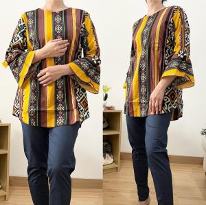 ECLAIRE 0IS Blouse Wanita Oneck Batik Lengan Terompet Aplikasi Pita Kasual Kerja Cantika Cantik