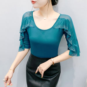 Yimei 2025 mùa hè cổ tròn mới Hollow công nghiệp nặng Viền Lá sen tay ngắn kim cương nổi bật Dance Top Tay áo dài của phụ nữ v-cổ lưới T-Shirt