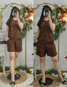 baju wanita atasan dan celana 1set model macan