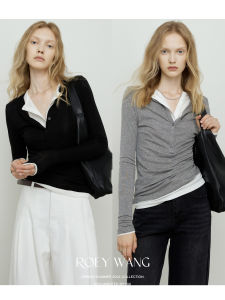 ROEYWANG Womens Long Sleeve Knitted T-shirt Pure Cotton Comfortable Elastic round Neck Button Design Color Block Top