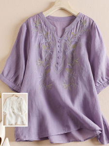 Retro Artistic Cotton Linen Embroidered Shirt Loose Fit Thin Short Sleeve V-Neck Casual Top for Women Summer Breathable